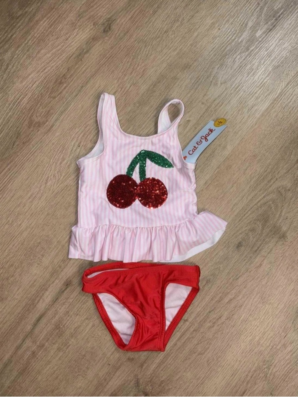 Cat & Jack Pink Stripe Cherry Sequin Two-Piece Swimsuit